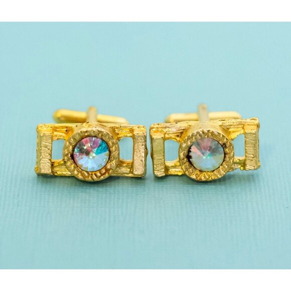 Vintage Aurora Iridescent Gold Tone Cuff Links - E2 - Picture 1 of 3